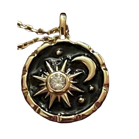 New Sterling silver 14k plated cubic zirconia black enamel moon star 18”necklace - Picture 2 of 7